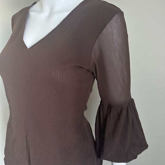 Y2K Brown Mesh Overlay V~Neck Top - Picture 3 of 6
